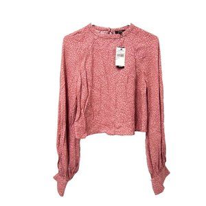 NWT NWD Afrm Womens Top M Pink Leopard Button Back Peasant Cropped Long Sleeve